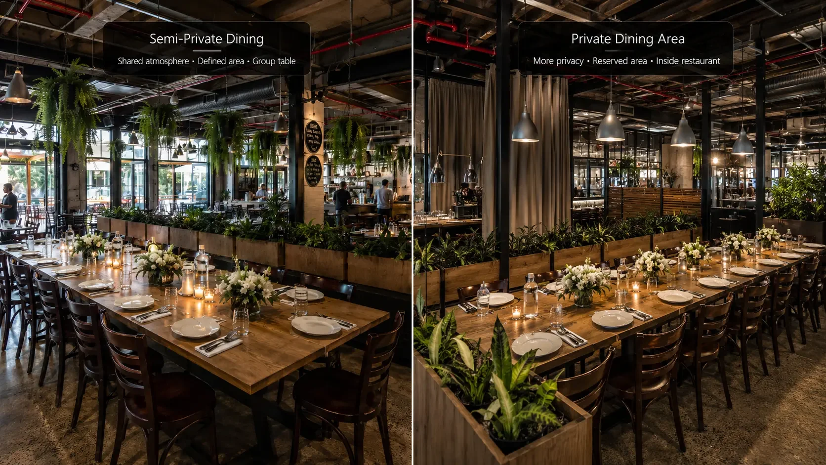 Semi-private vs fully private dining comparison — layout differences in a Sydney restaurant