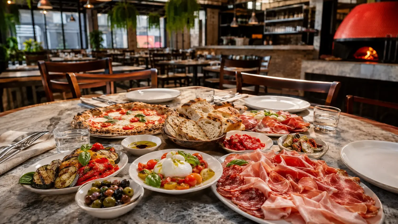 Italian antipasto grazing table with prosciutto, cheeses, olives and bread for a bridal shower