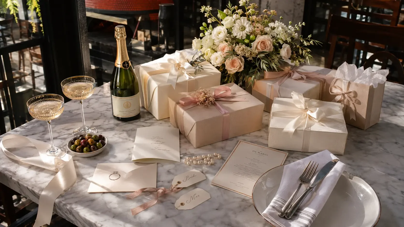 Bridal shower gifts and engagement party keepsakes flat lay styling Sydney
