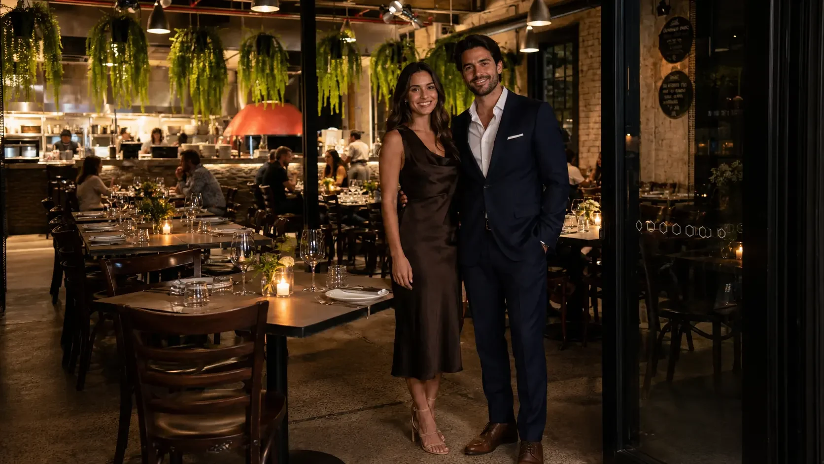Couple in cocktail attire posing at Italian restaurant engagement party Sydney