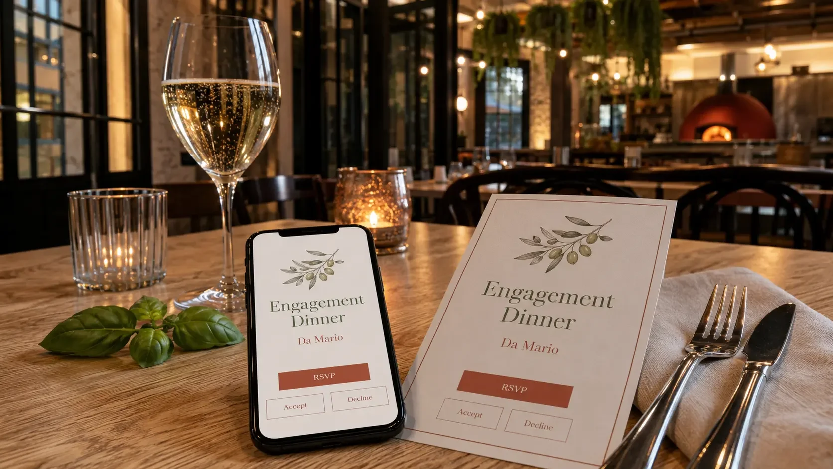 Digital engagement invitation with RSVP tracking on a phone beside a printed card