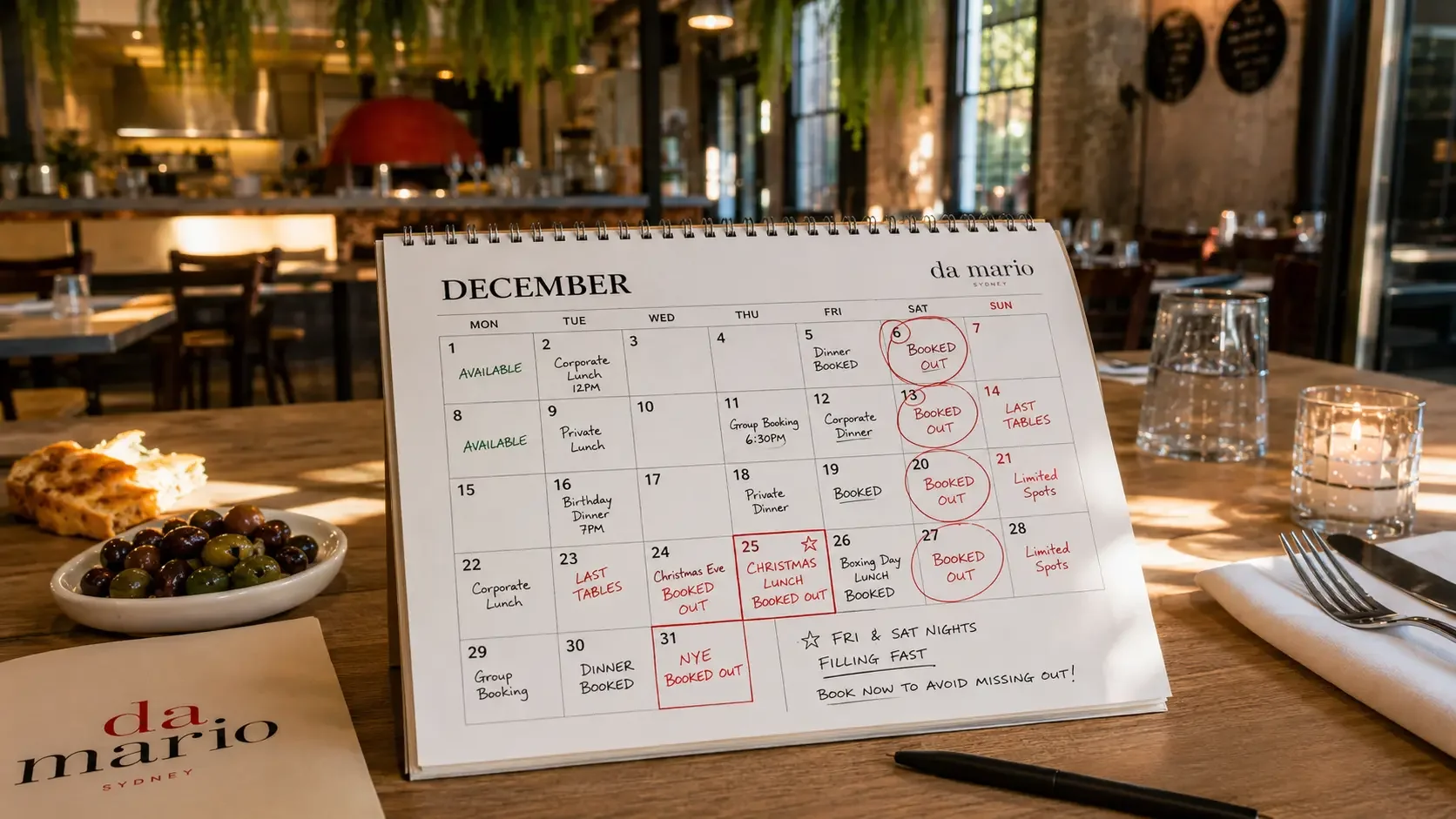 Sydney Christmas party booking calendar showing December dates filling up by October