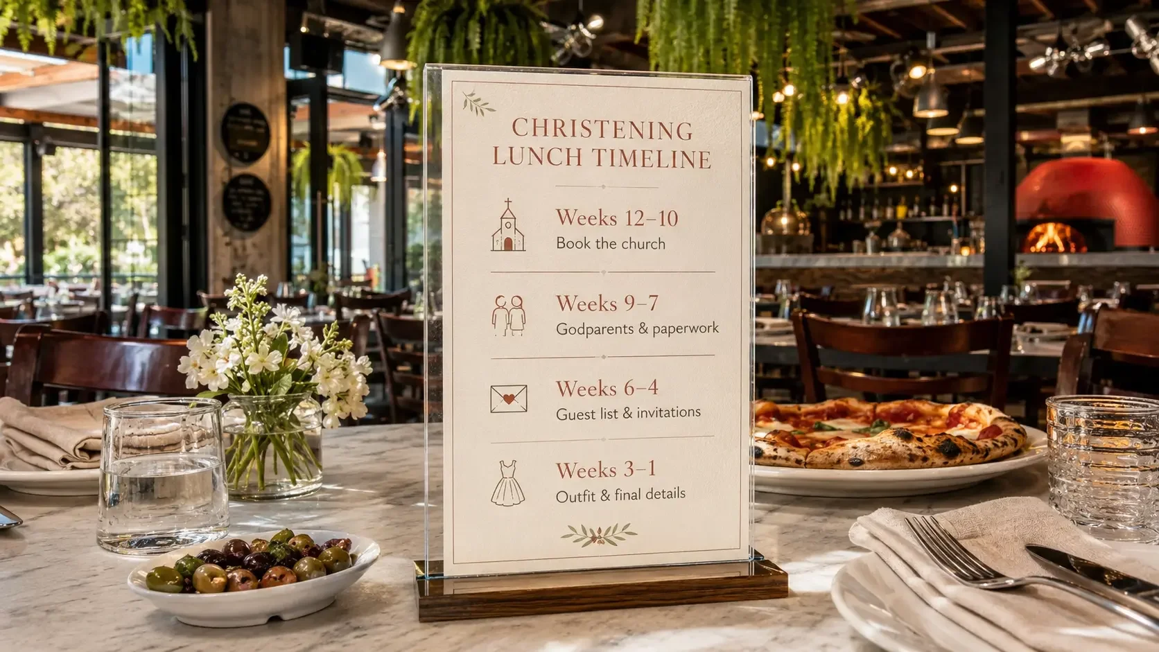 12-week christening planning timeline showing church booking, godparents, paperwork and outfit stages
