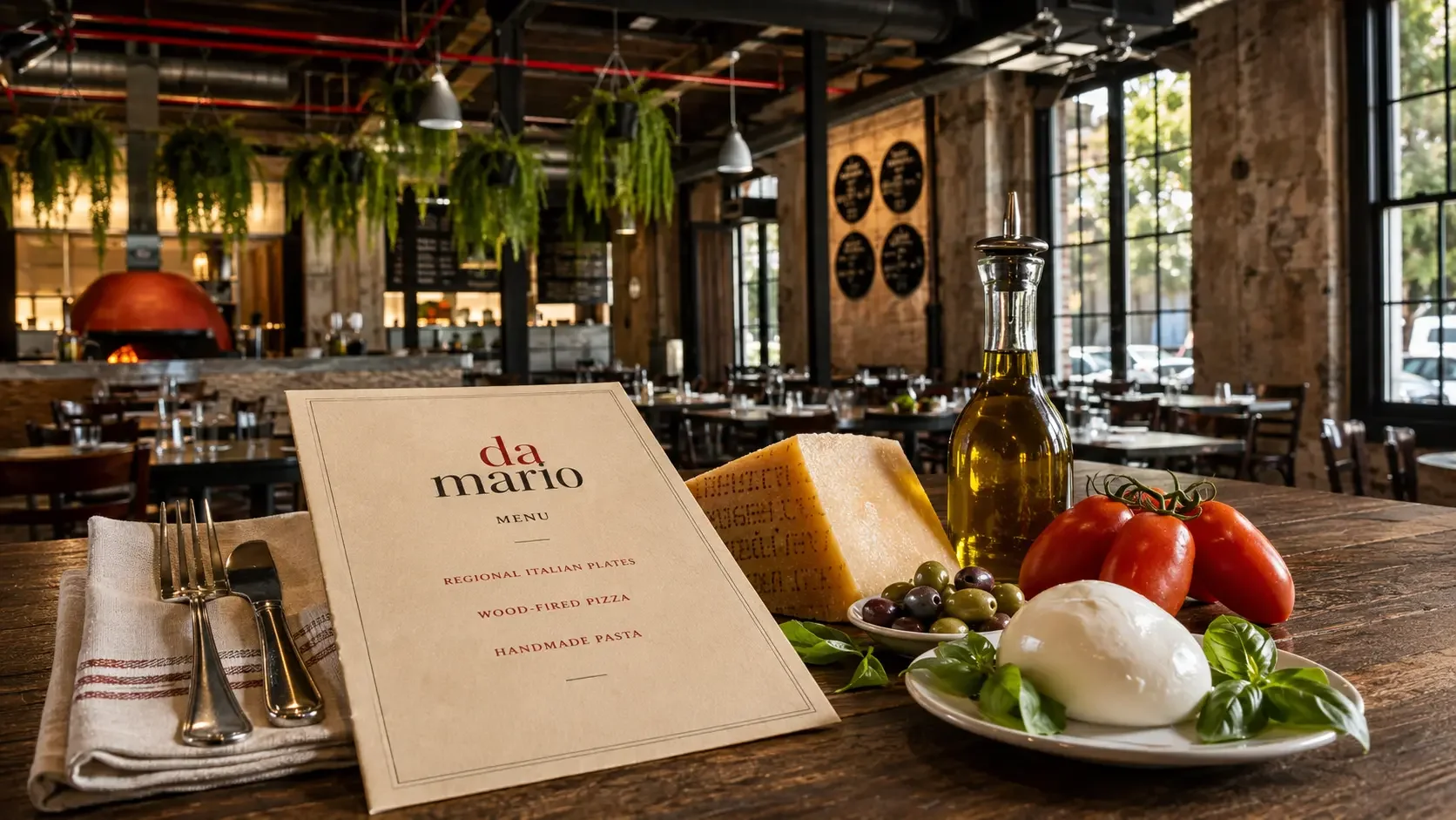 Italian restaurant menu with authentic regional ingredients and DOP markers
