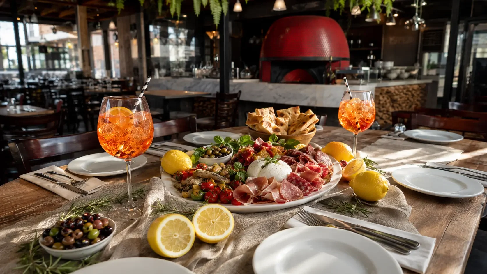 Italian-themed bridal shower table at Da Mario Rosebery set with lemons, an antipasto platter and Aperol Spritz cocktails