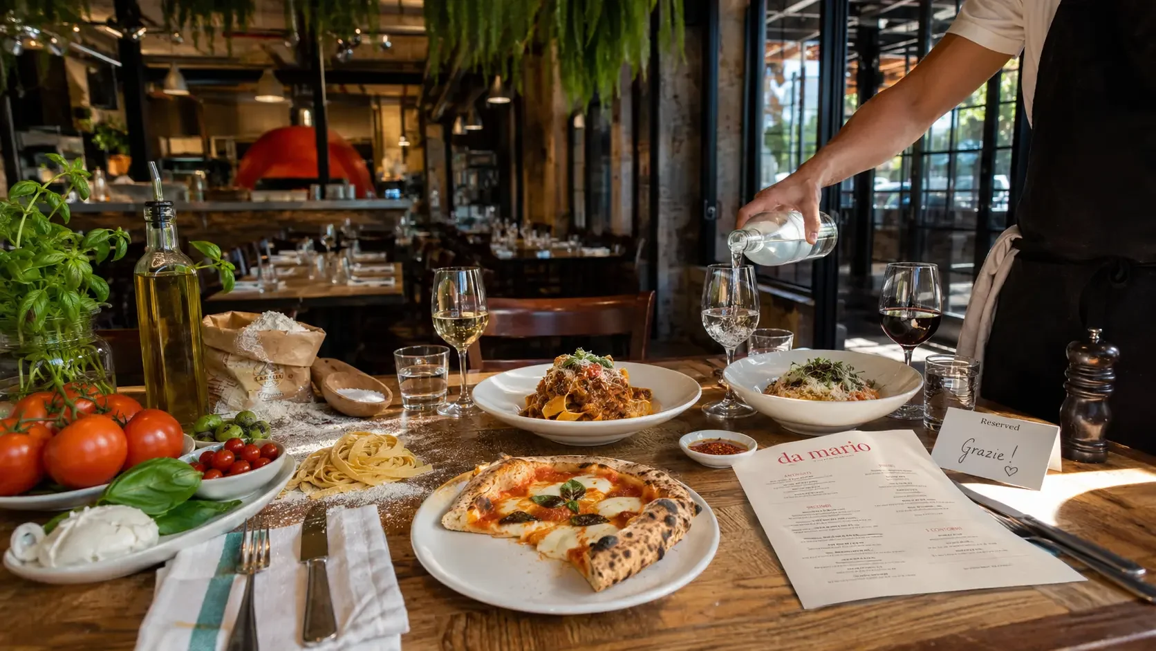 Four pillars of an Italian restaurant review including ingredients pasta wine and hospitality