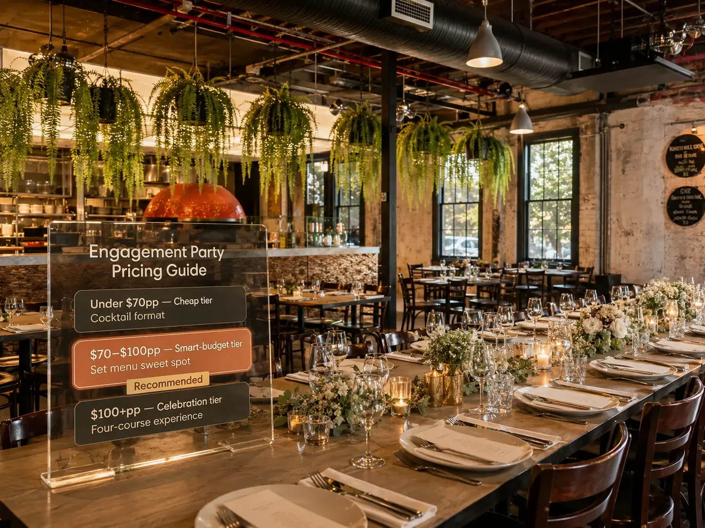 Sydney engagement party price tiers — under $70, $70–$100 and $100+ per head