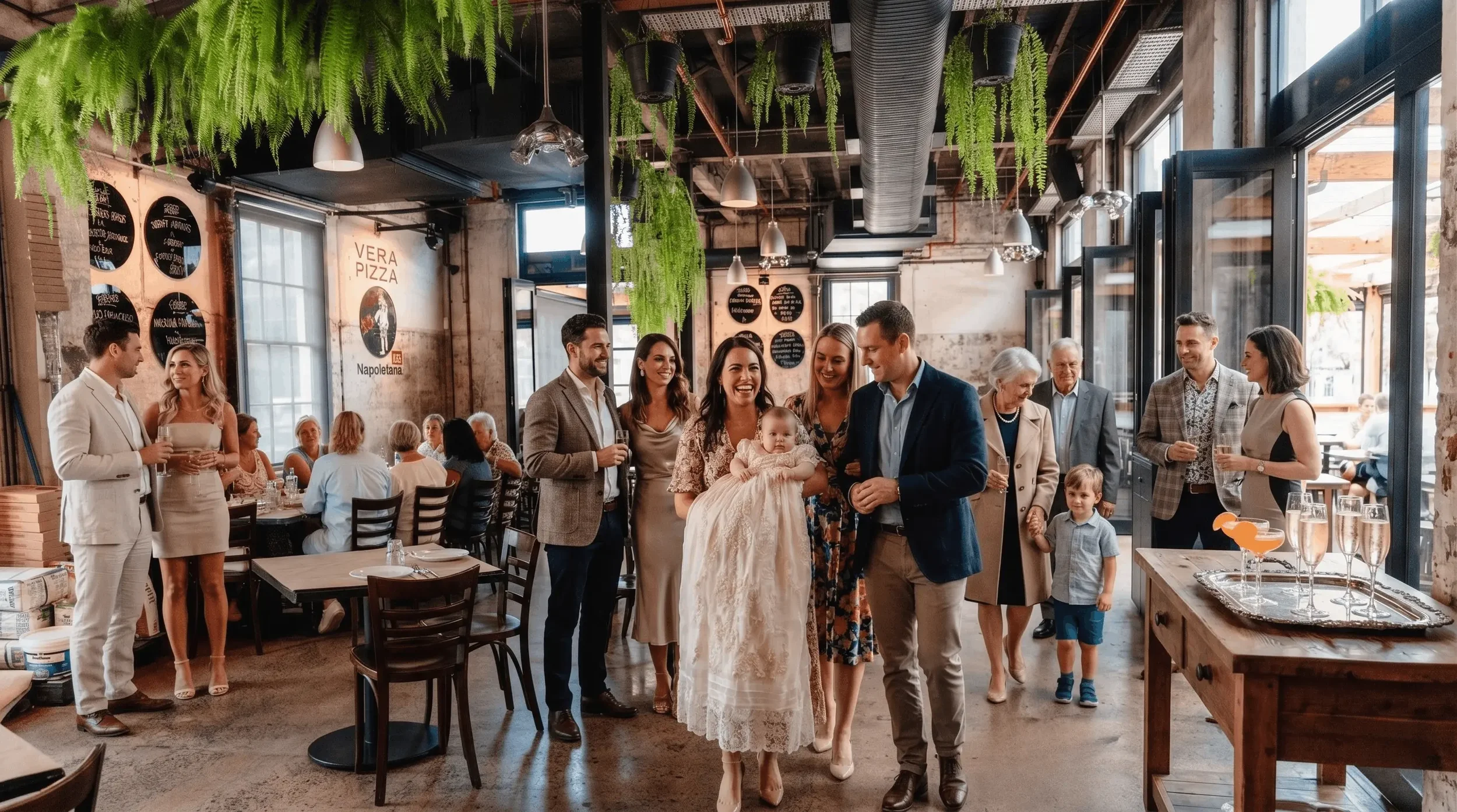Family arriving at Da Mario in Rosebery for a christening reception lunch after the church ceremony