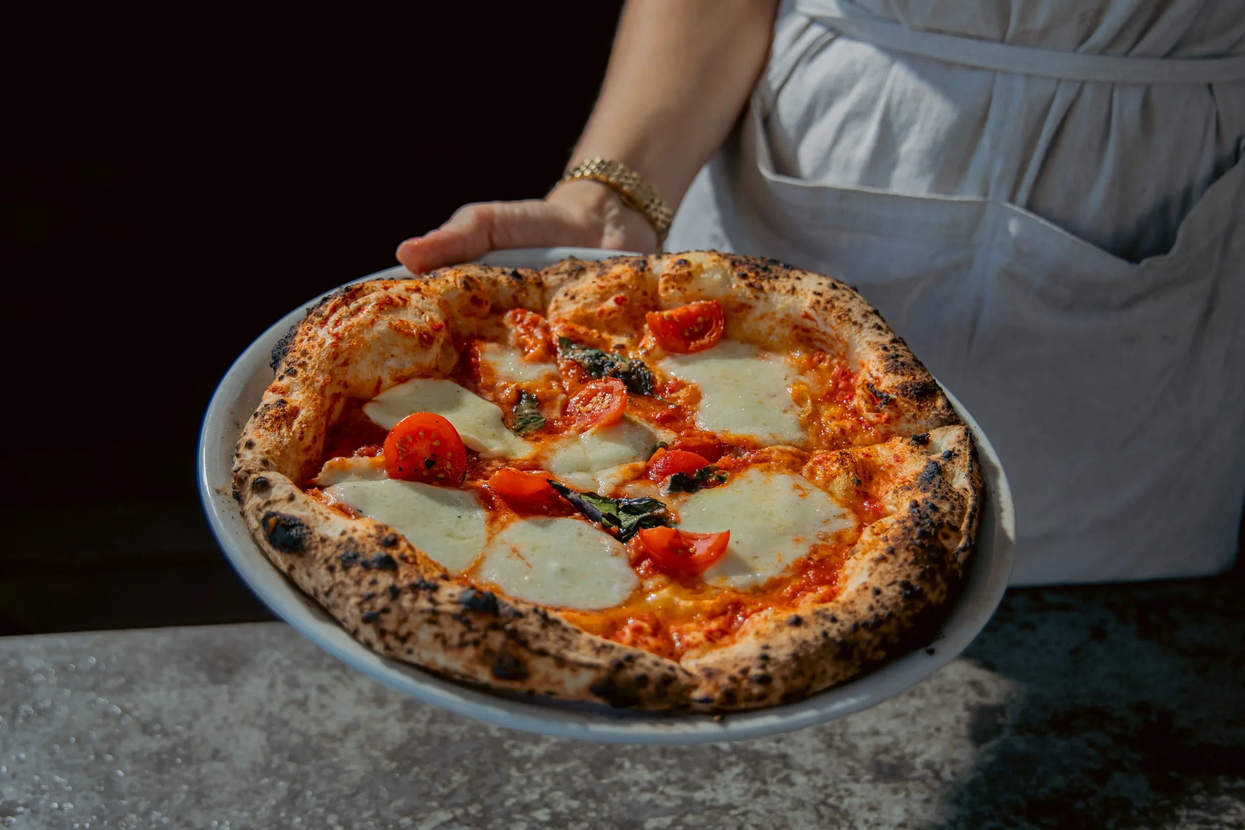 Halal-friendly Margherita pizza from wood-fired oven at Da Mario Rosebery Sydney