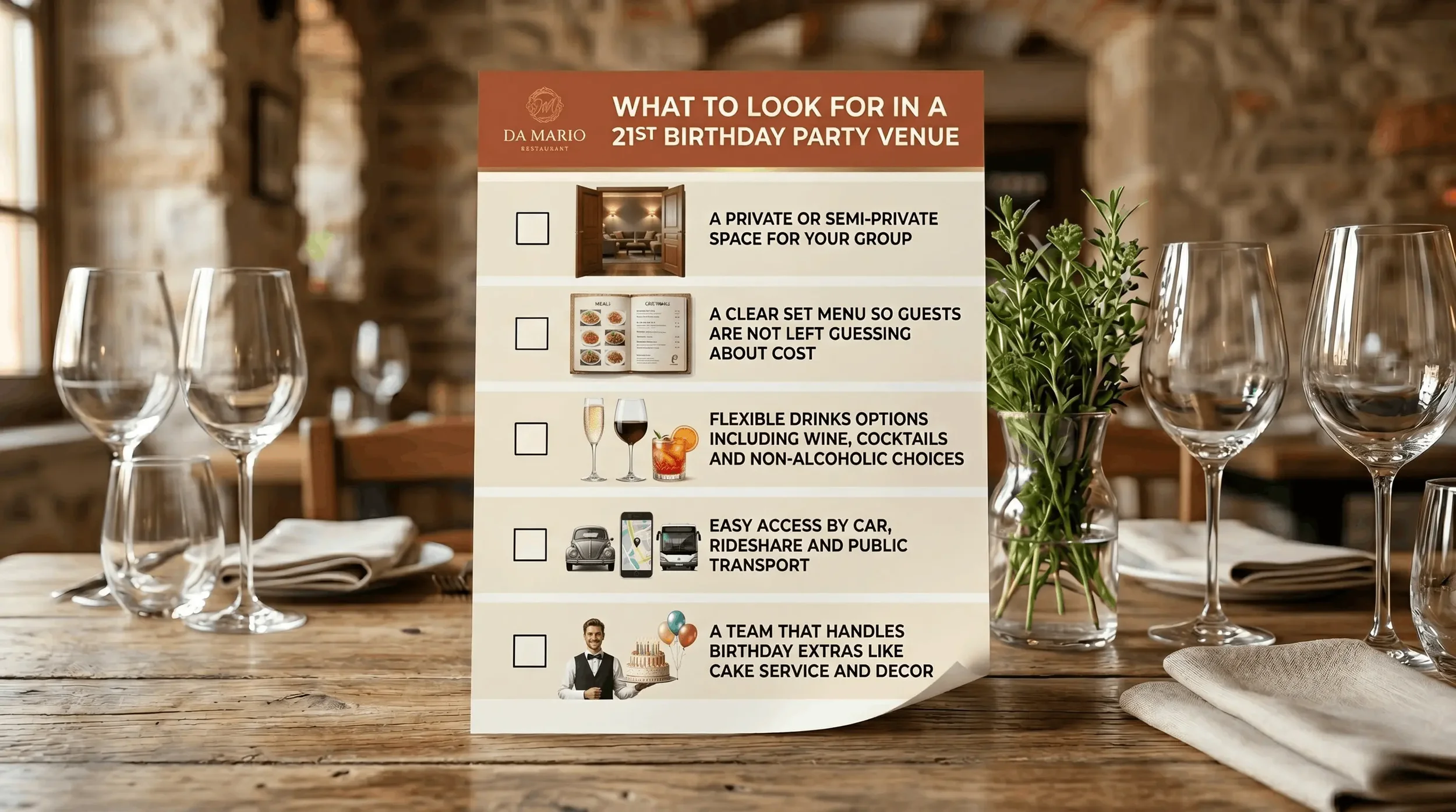 21st birthday venue checklist — five things to look for in a Sydney restaurant