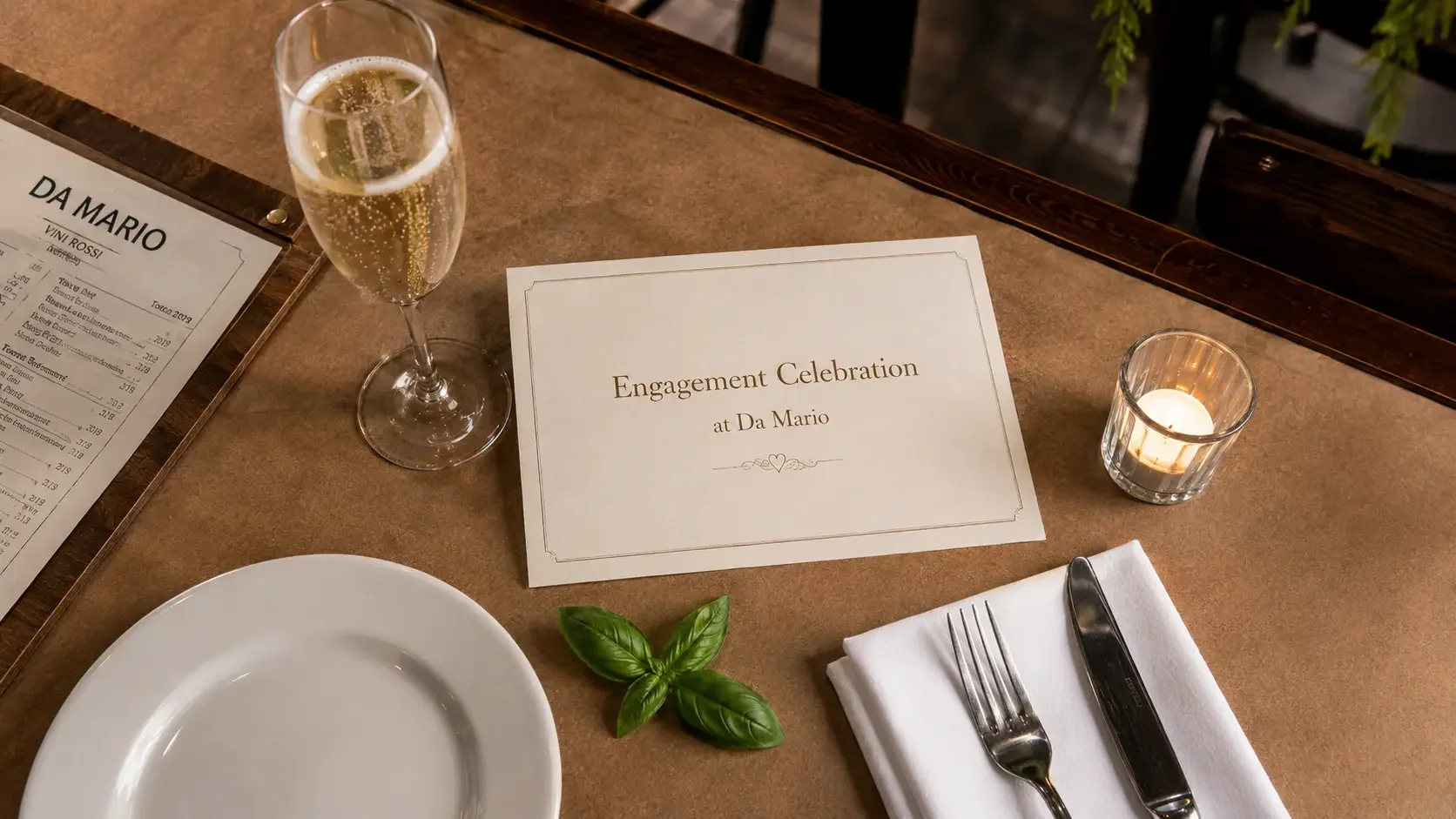 Engagement party invitation styled on a table at Da Mario Italian restaurant in Rosebery, Sydney