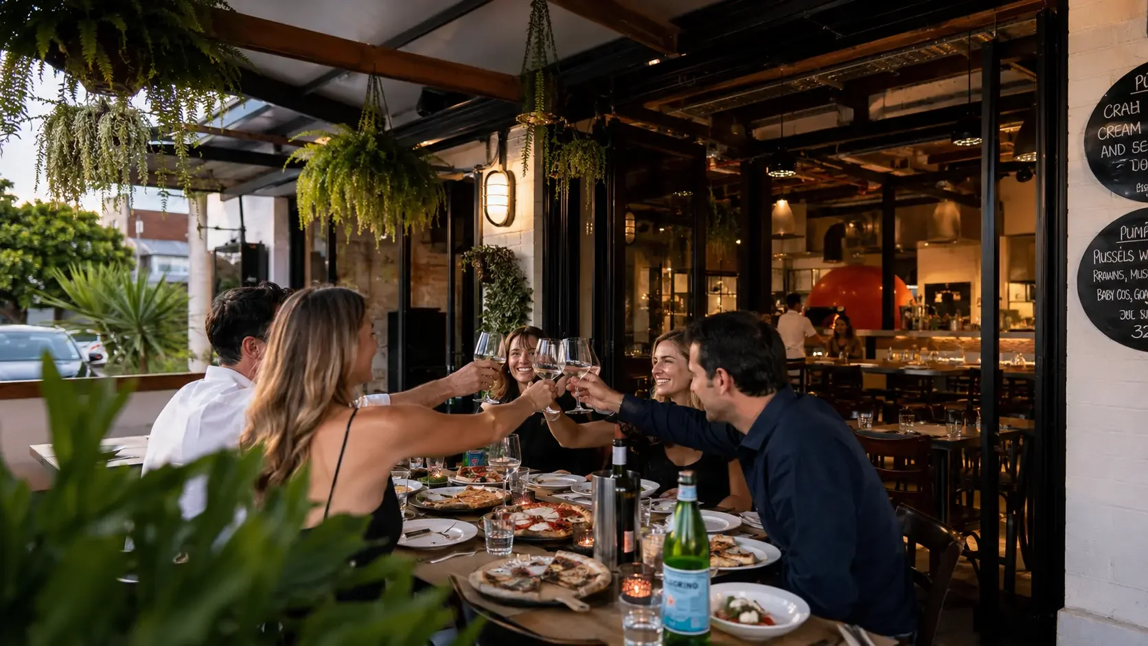 Italian engagement party celebration on the outdoor terrace at Da Mario Rosebery, Sydney with guests raising glasses