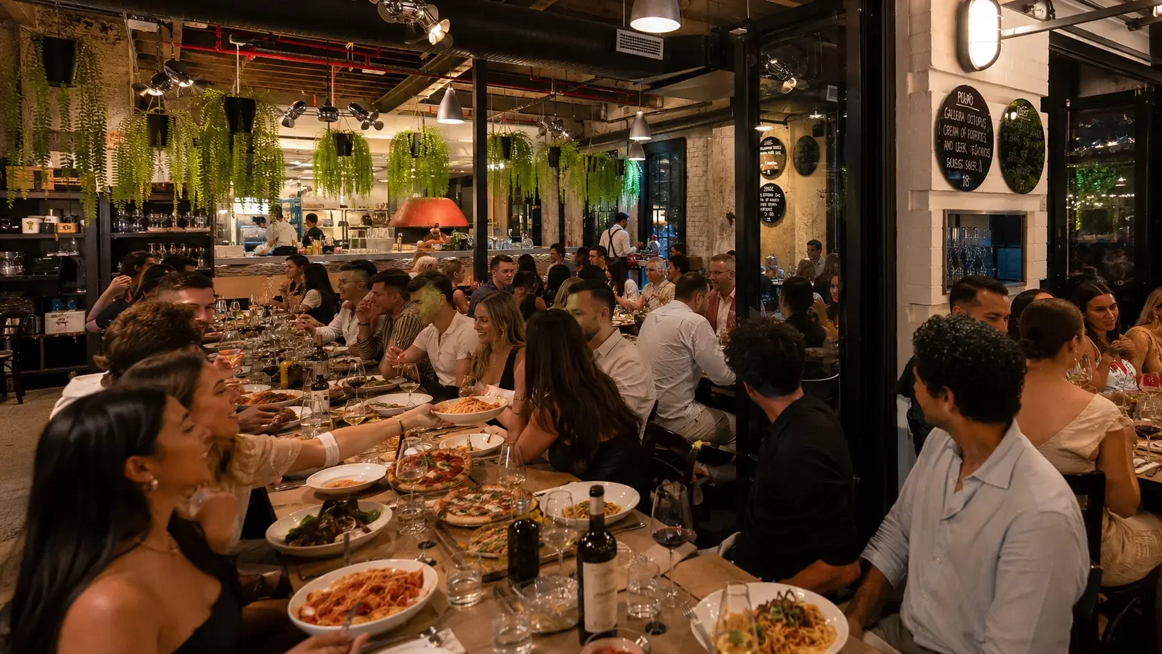 Intimate engagement party at an Italian restaurant in Sydney with twenty guests sharing a long dining table