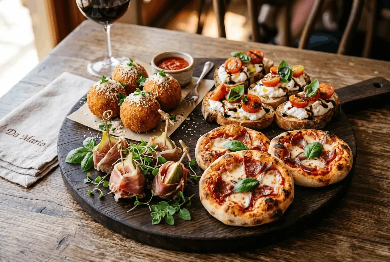 Italian canapés at Da Mario Sydney including arancini burrata crostini and mini wood-fired pizzas for cocktail functions