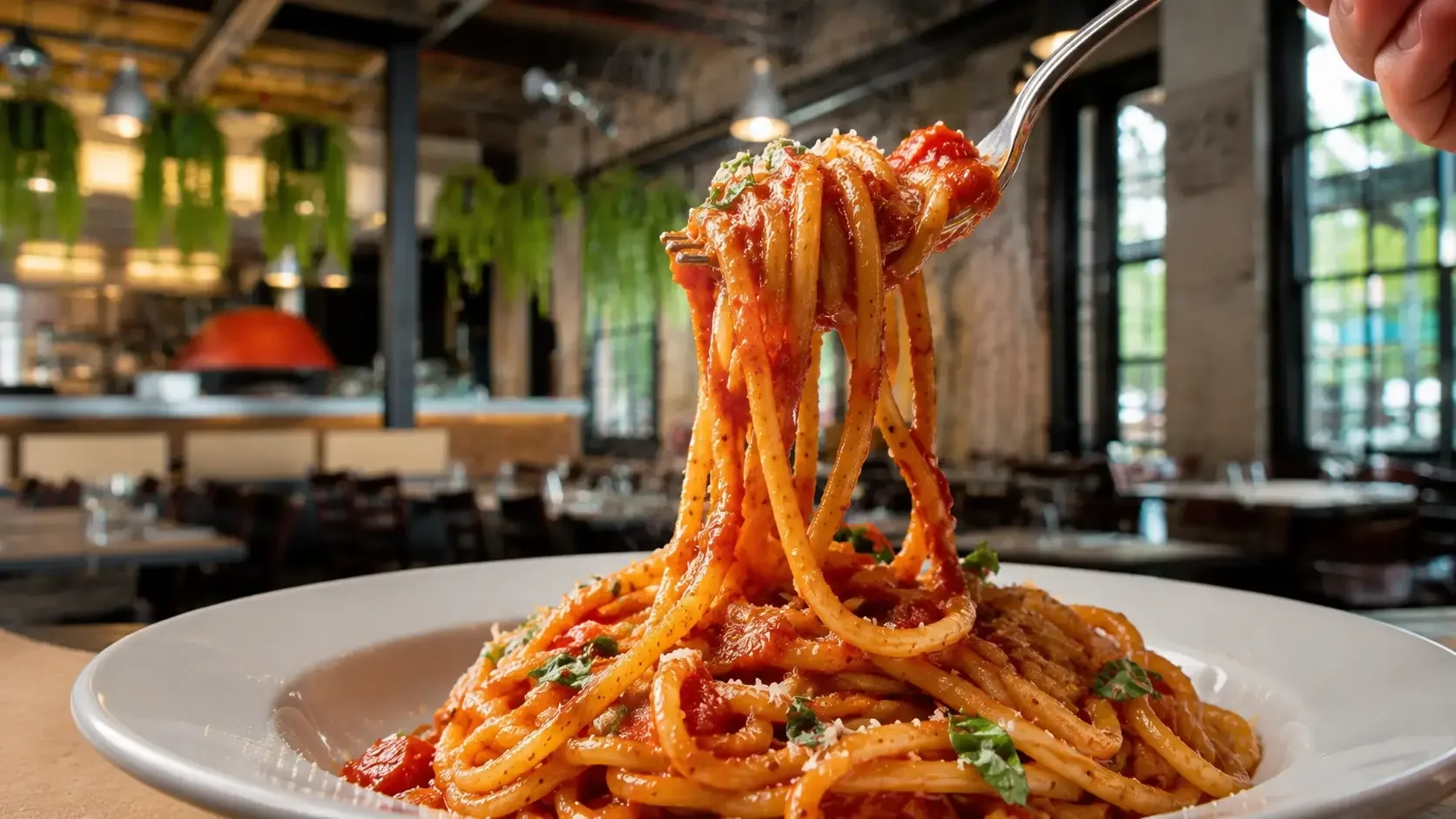 Al dente Italian pasta with sauce clinging to textured noodles