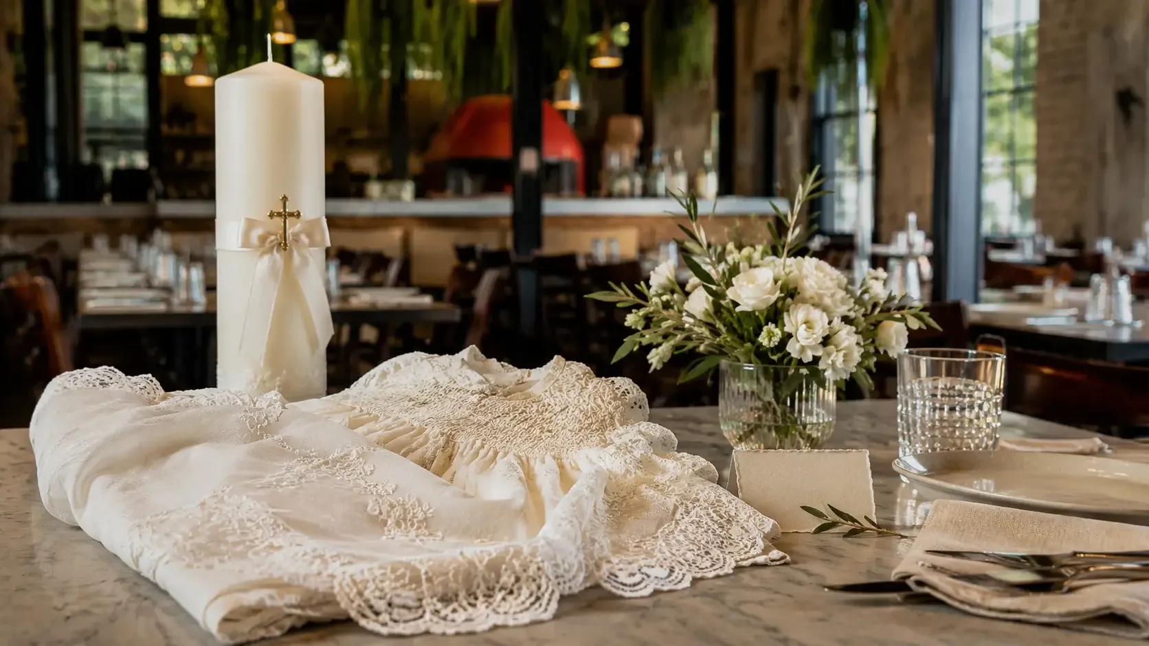 Traditional white Italian christening gown and baptism candle symbolising purity and new beginnings