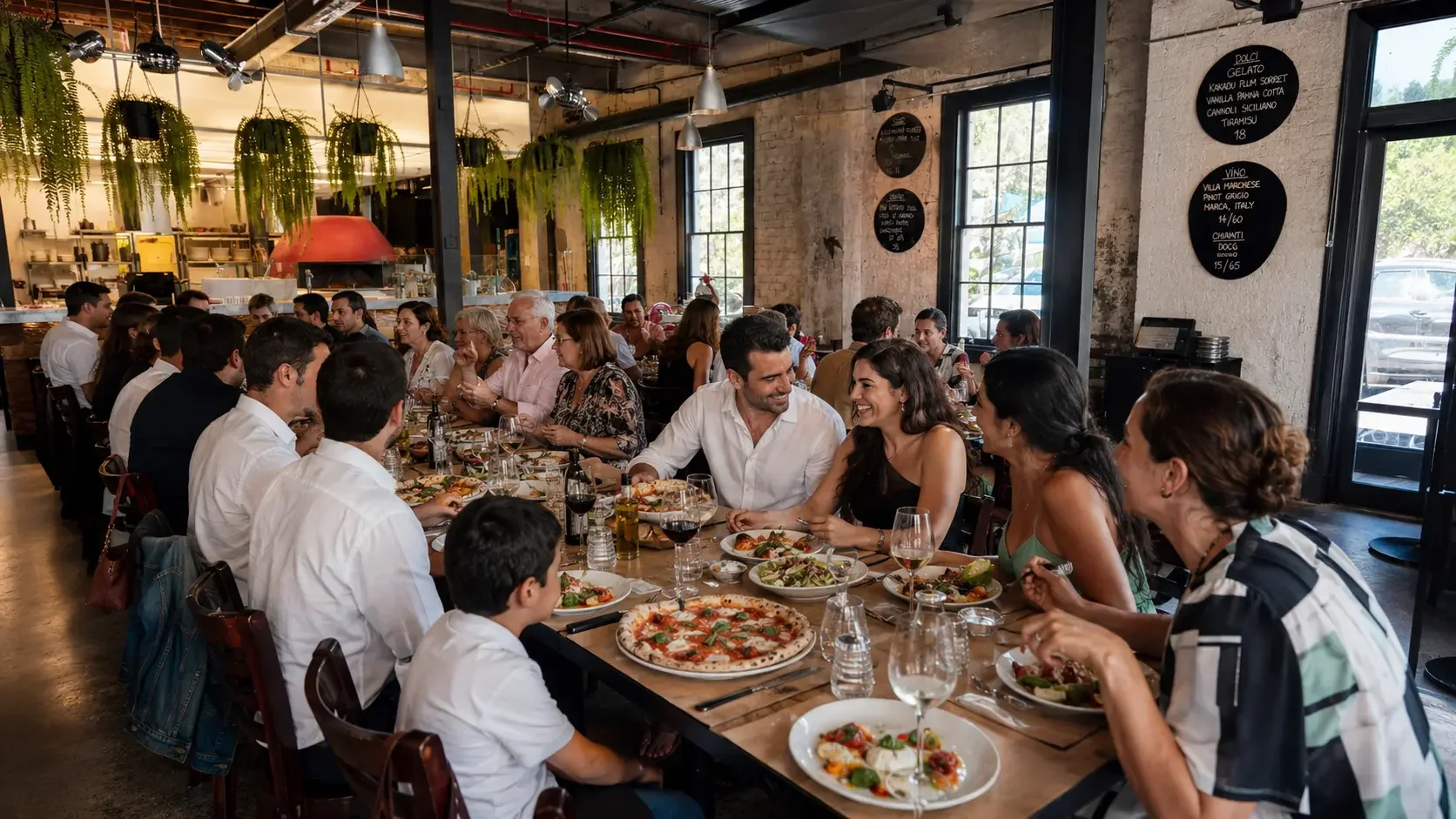 Sunday afternoon engagement party at a Sydney Italian restaurant — daylight, share table, casual celebration