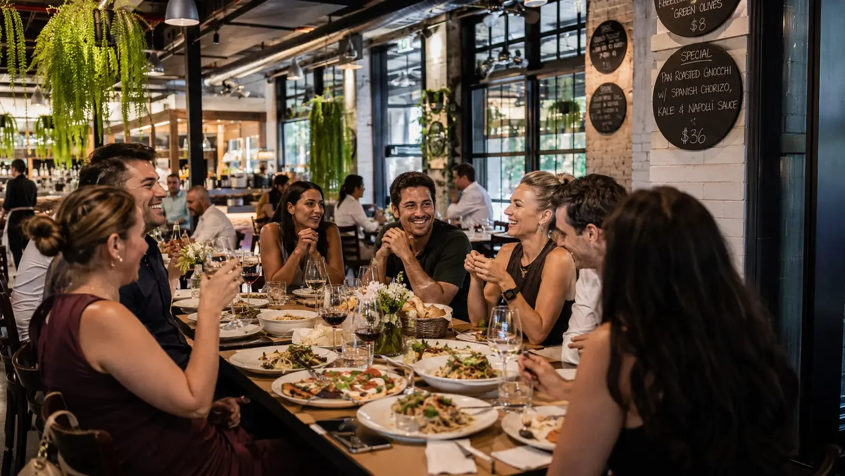 Group dinner at a Sydney restaurant showing noise and privacy differences between dining formats