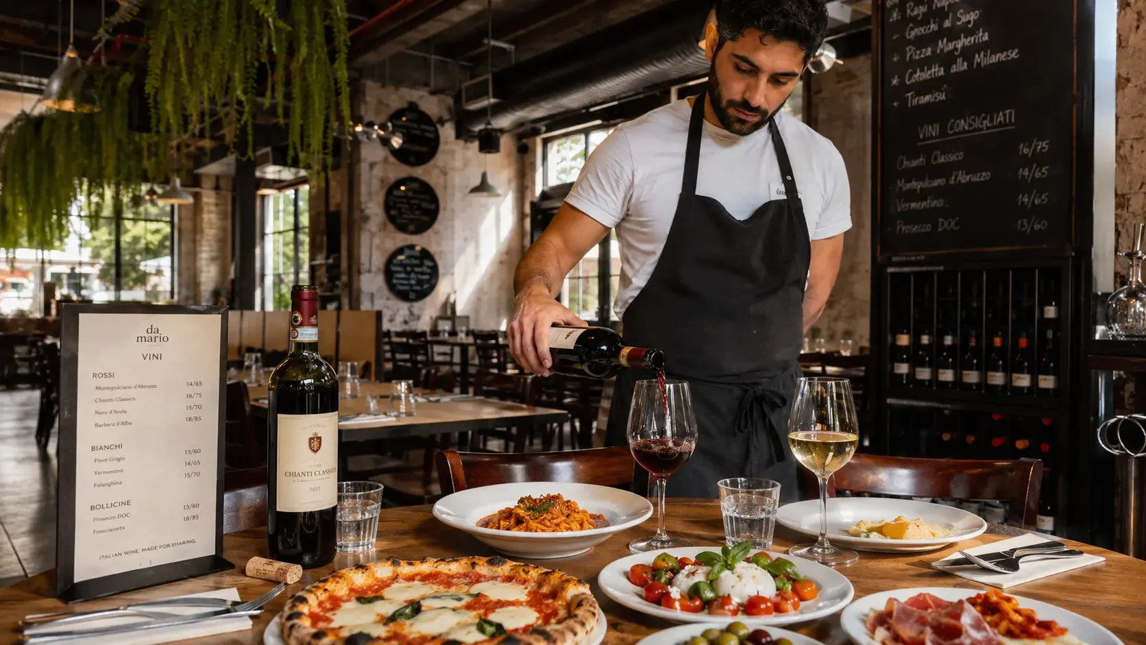 Italian wine being poured beside pasta dishes at a Sydney restaurant