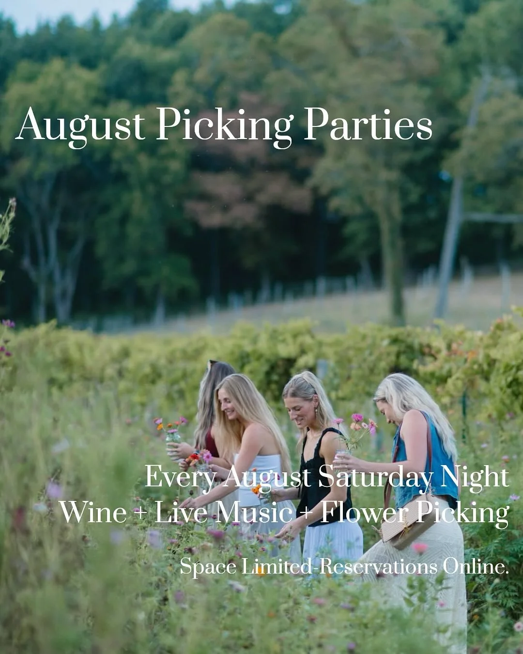 Oh August: We&rsquo;ve been waiting for you!  Join us where the wildflowers bloom every Saturday night for incredible golden hours along the flower fields and vineyards with live music and more.  Don&rsquo;t let August slip away this year.  You&rsquo