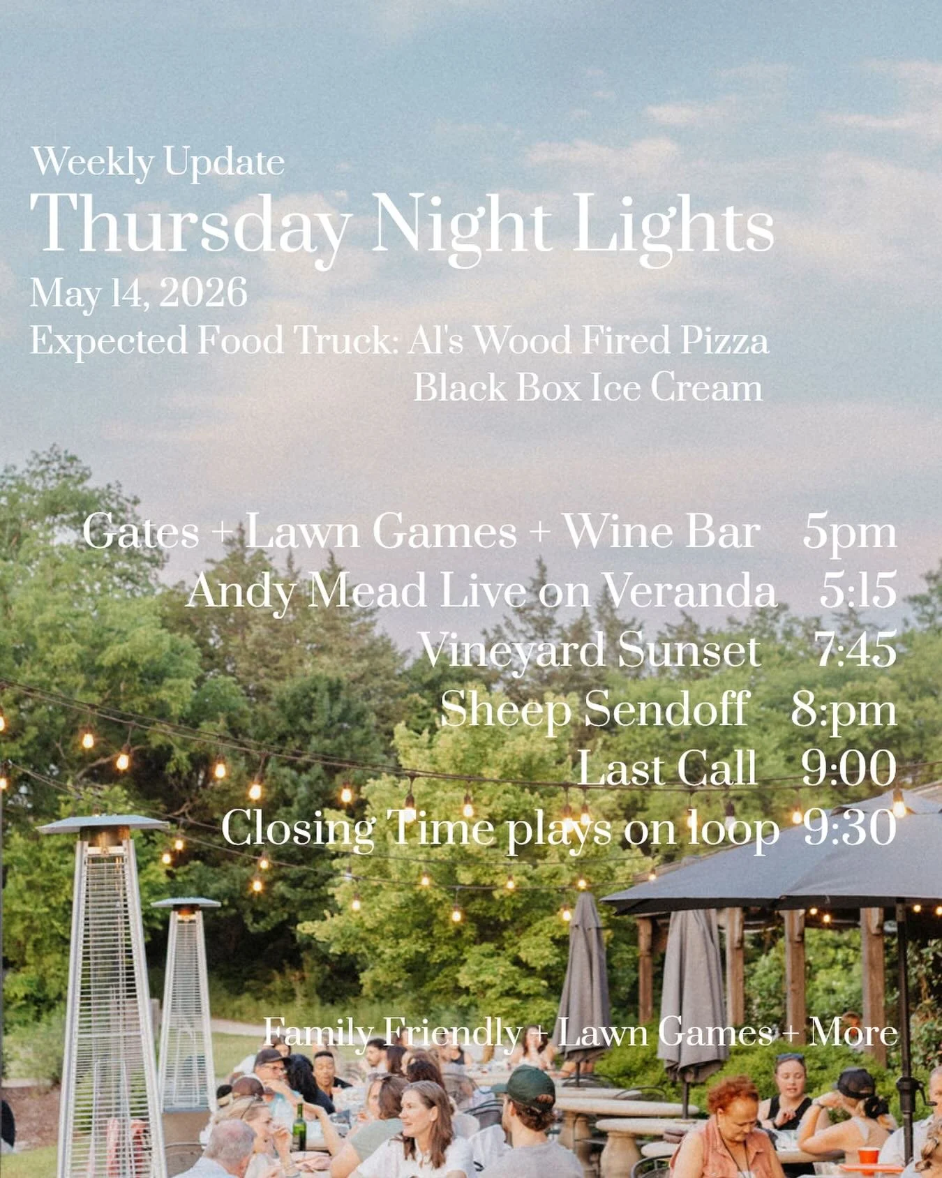 Thursday Night Lights are back!  We can&rsquo;t wait to see you under the lights with @alswoodfired + @theblackboxicecreamtruck + @andymeadmusic.  Grab a spot online now! 💫