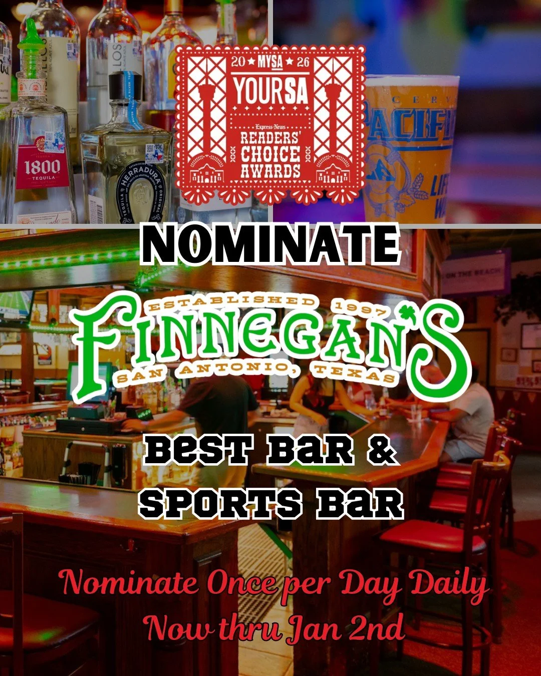 🏆 Hey, SA! It&rsquo;s that time... @mysanantonio's YourSA 2026 nominations are OPEN! 🎉

Nominate Finnegan&rsquo;s for 𝑩𝒆𝒔𝒕 𝑩𝒂𝒓 &amp; 𝑩𝒆𝒔𝒕 𝑺𝒑𝒐𝒓𝒕𝒔 𝑩𝒂𝒓 once a day, every day through Jan 2. 

Show some love for your go-to spot for d