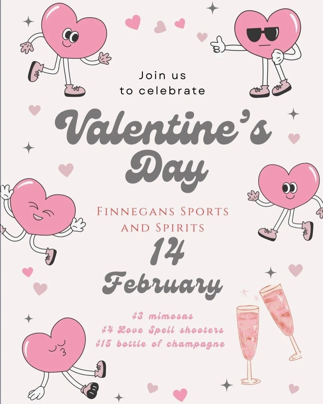 Coupled up? Come share a drink. Flying solo? Come share a story. Either way, Finnegan&rsquo;s has a seat waiting and a glass ready. Love&rsquo;s in the air&hellip; or at least good vibes are. 💖🍸

🥂 $3 Mimosas
💘 $4 Love Potion Shooters
🍾 $15 Cham