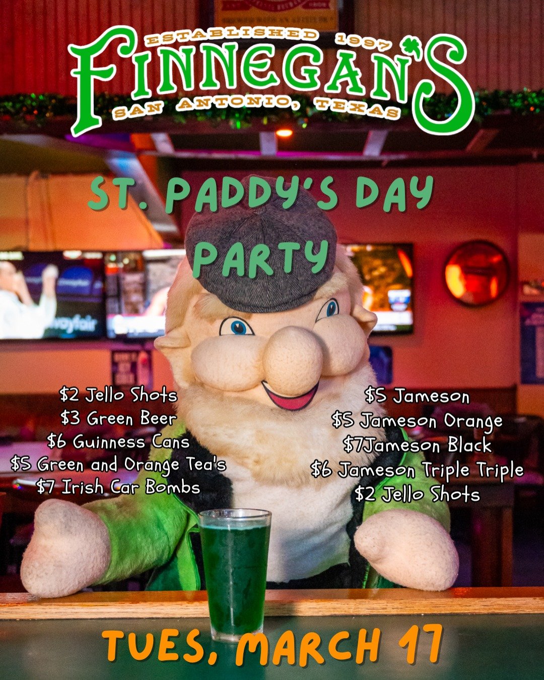 Listen close&hellip; a little leprechaun secret for ya. ☘️

The best place in San Antonio to celebrate St. Patrick&rsquo;s Day isn&rsquo;t at the end of a rainbow&hellip; it&rsquo;s at 𝐅𝐢𝐧𝐧𝐞𝐠𝐚𝐧'𝐬 🍀
Where the drinks are flowing and the speci