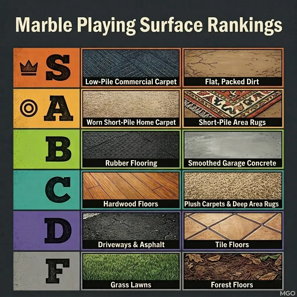 Tiered ranking list of best to worst terrain and surfaces for playing marbles.