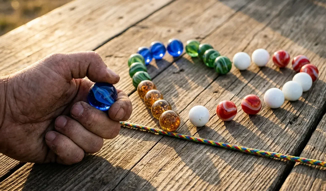 Marbles arranged in a heart with a player using a knuckle-down grip ready for a shot.