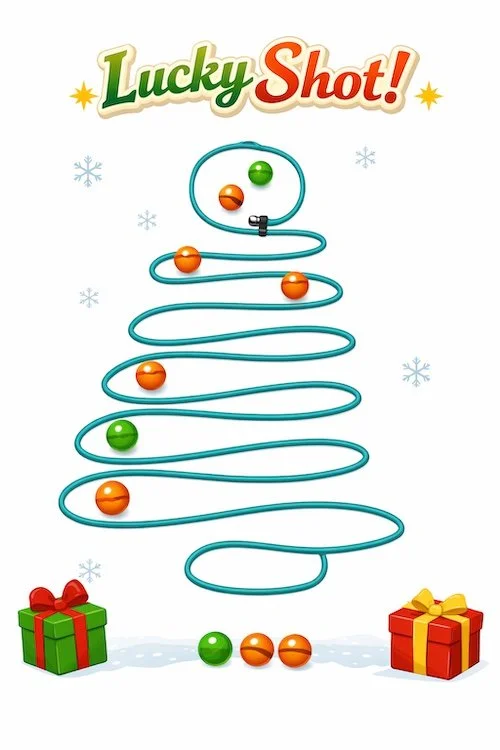 Marble Go's Lucky Shot game with the Scoreline forming a Christmas tree with marbles as ornaments.