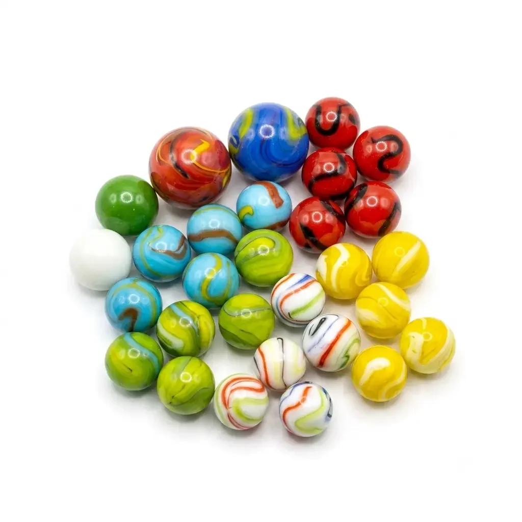 Group of Marble Go's marble pack with 25 target marbles in red, yellow, green, blue, white swirls and 4 taws.