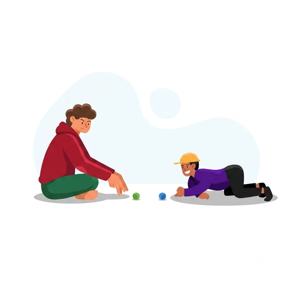 Child making a shot with a marble toward his opponent who is forming two goals with his fingers.