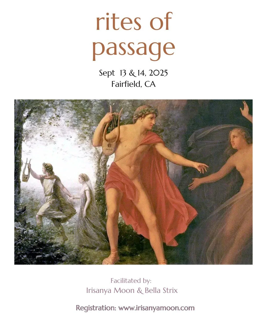 Coming in September...

Make magick in person with me and Orpheus, Eurydice, Persephone, Hades, and Aphrodite?
And some real cool facilitators ;)

September 13 &amp; 14 - Rites of Passage - Fairfield, CA

September 20 &amp; 21 - Pearl Pentacle - Grat