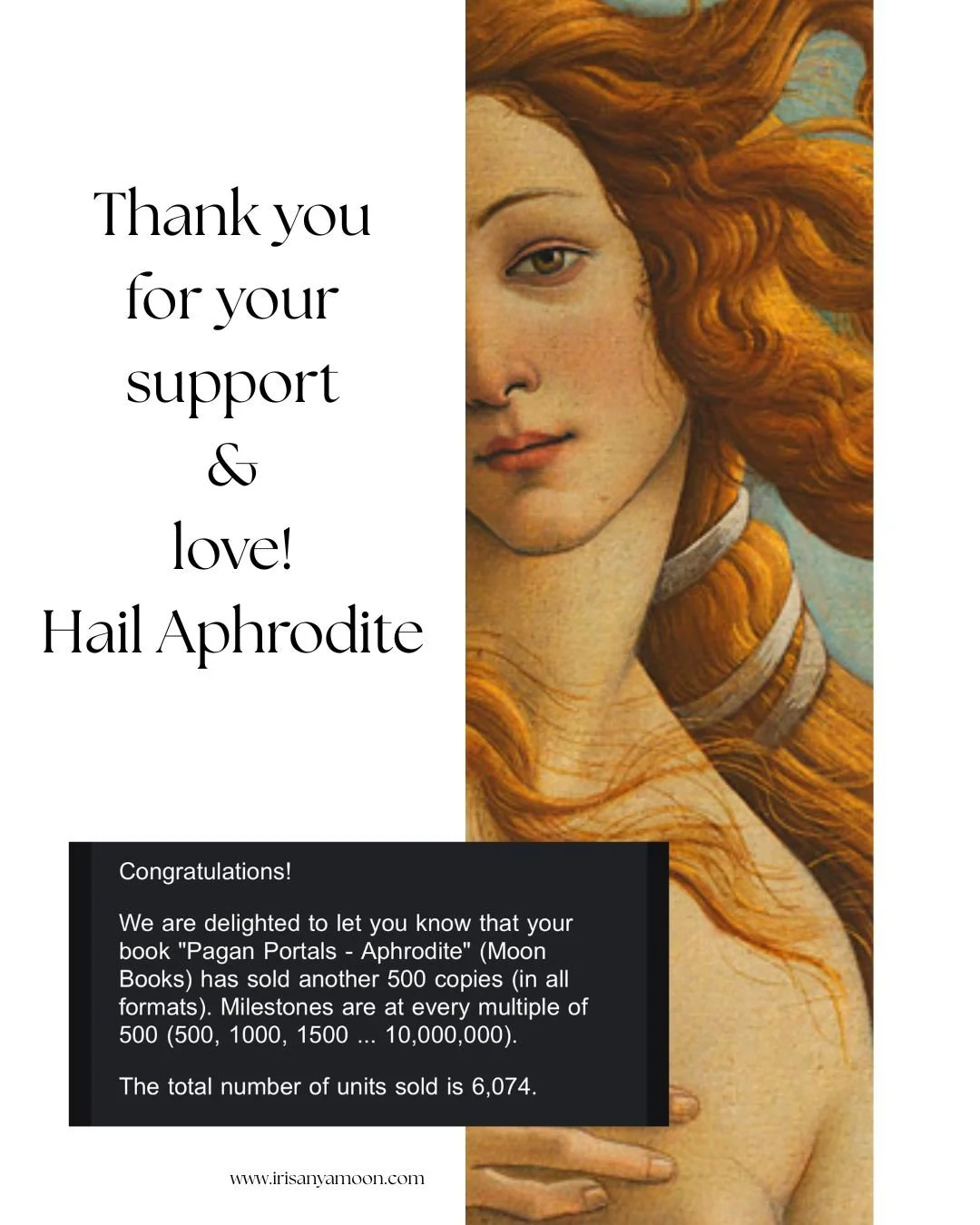 APHRODITE'S DAY

My first book on Aphrodite passed another sales milestone, which it also did last year on this date. Thank you for your support of my work and my heart. #LifeIsALoveSpell

Hail Love! Hail Aphrodite!

#Aphrodite #LifeIsALoveSpell #Moo