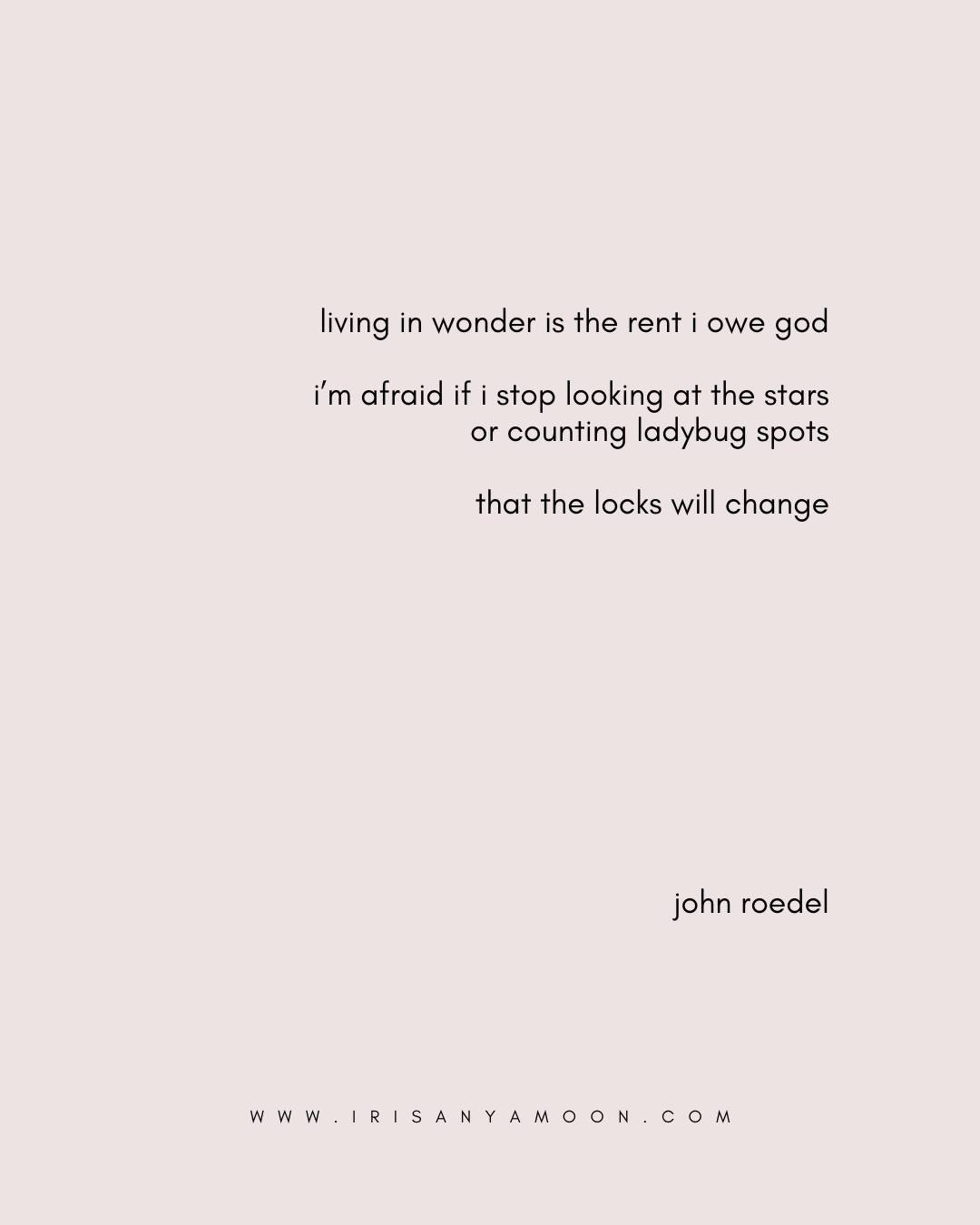 MONDAY HEART MAGICK:

living in wonder is the rent i owe god

i&rsquo;m afraid if i stop looking at the stars
or counting ladybug spots

that the locks will change

--john roedel 

In this week's Heart Magick substack, I share a section of Pantheon: 