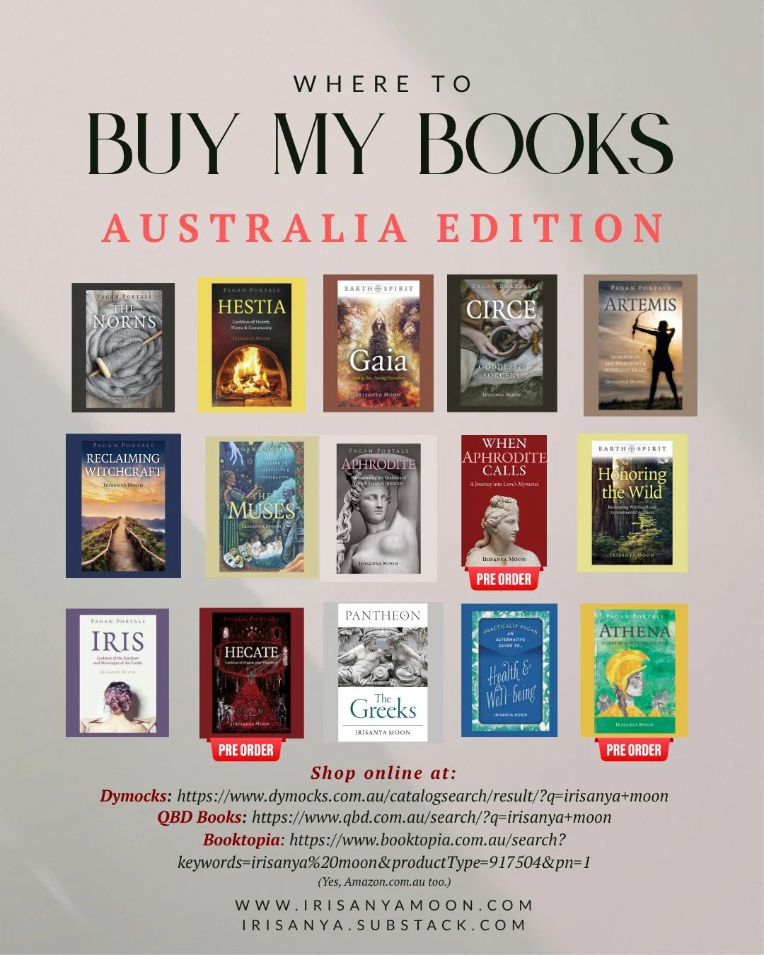 🖤 Where to Buy My Books: AUSTRALIA EDITION 🖤
Since folks keep asking, I put the info in one place.

🖤 Please save &amp; share widely -- and know I couldn't include every shop. 🖤

[Use 'Irisanya Moon' + books -ai in your favourite search engine to
