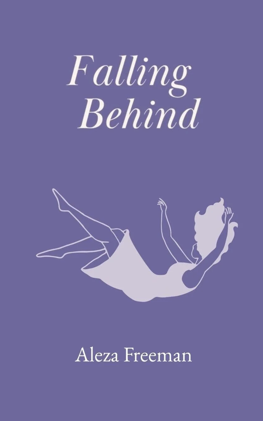 Book cover titled 'Falling Behind' by Aleza Freeman with a minimalistic illustration of a woman falling sideways on a purple background.