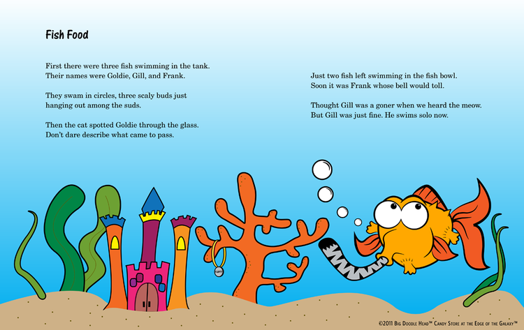 poem titled fish food with colorful illustration