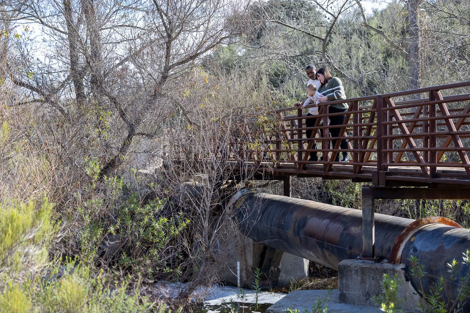 Three people, including a child, standing on a wooden bridge over a pipe in a wooded area, observing a stream below.