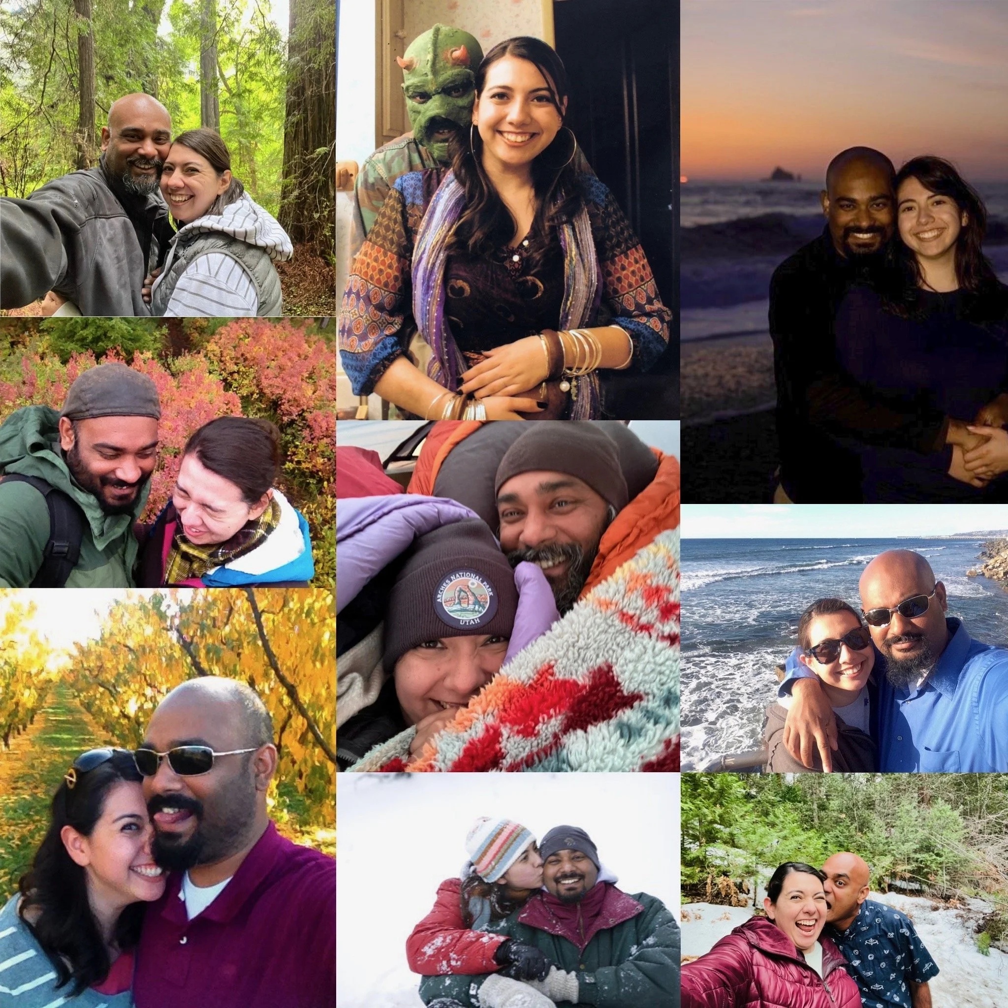 Collage of ten photos showing Ruwan and Diana over the years in outdoor and indoor settings, smiling and hugging, in different seasons and locations including forest, beach, snowy landscape, and indoors.