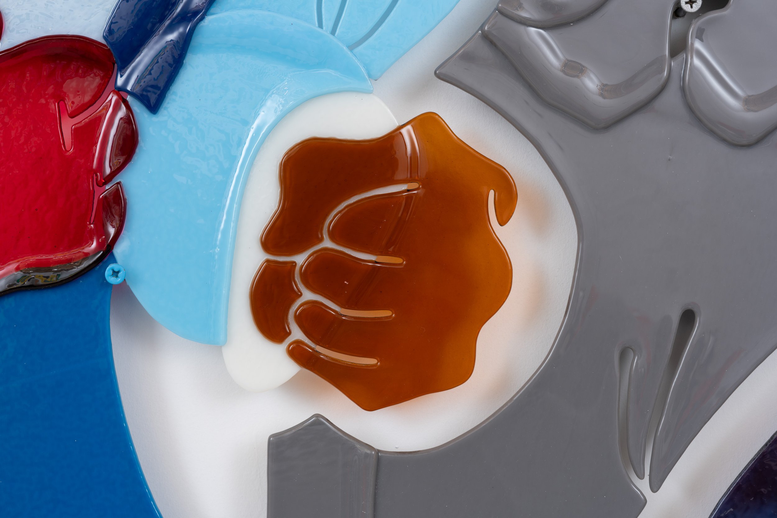 Jonny Campolo,  Group Therapy , 2025 (detail). Slumped glass, oil paint and powder coated screws, 35 x 64 in.