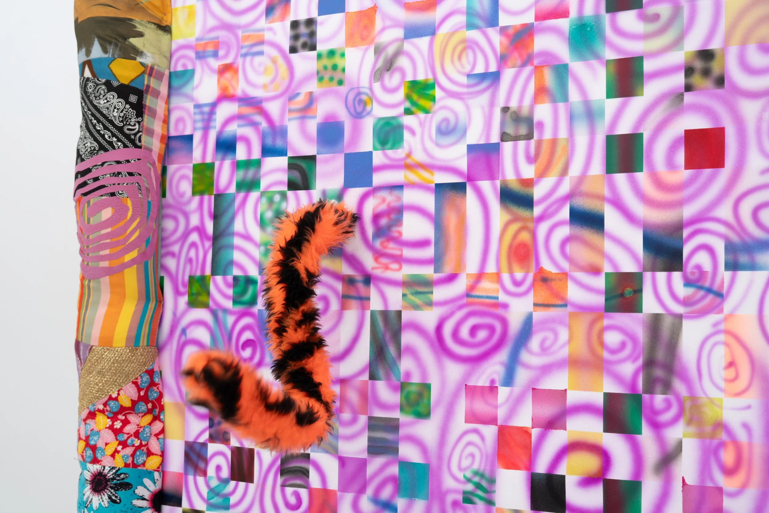 Simone Siegel,   I DIED LAUGHING  (detail), 2025. Acrylic on paper mounted on panel in upholstered textile frame, synthetic tiger tail, electronics, 40 x 40 x 10 in.