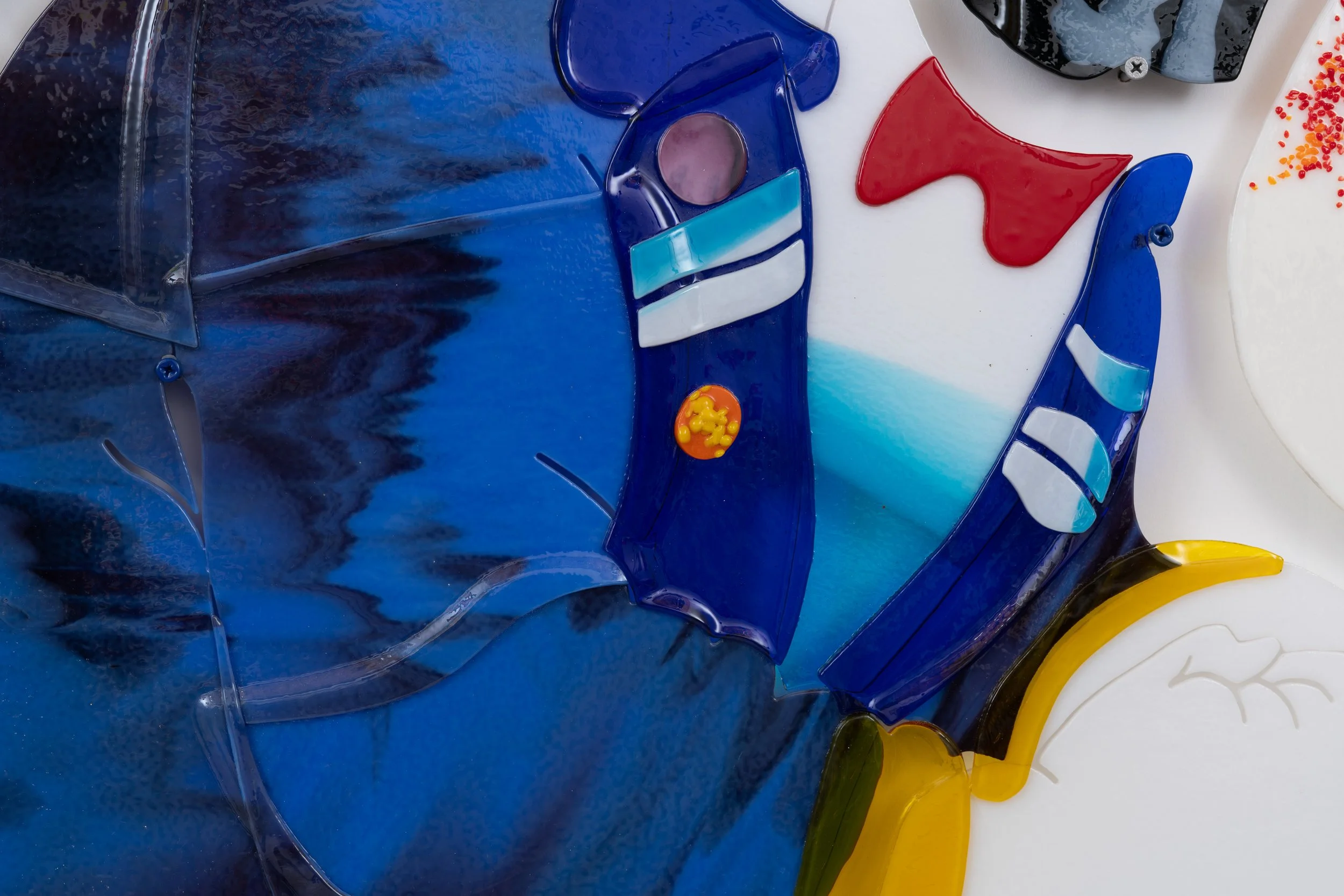 Jonny Campolo,  Group Therapy , 2025 (detail). Slumped glass, oil paint and powder coated screws, 35 x 64 in.