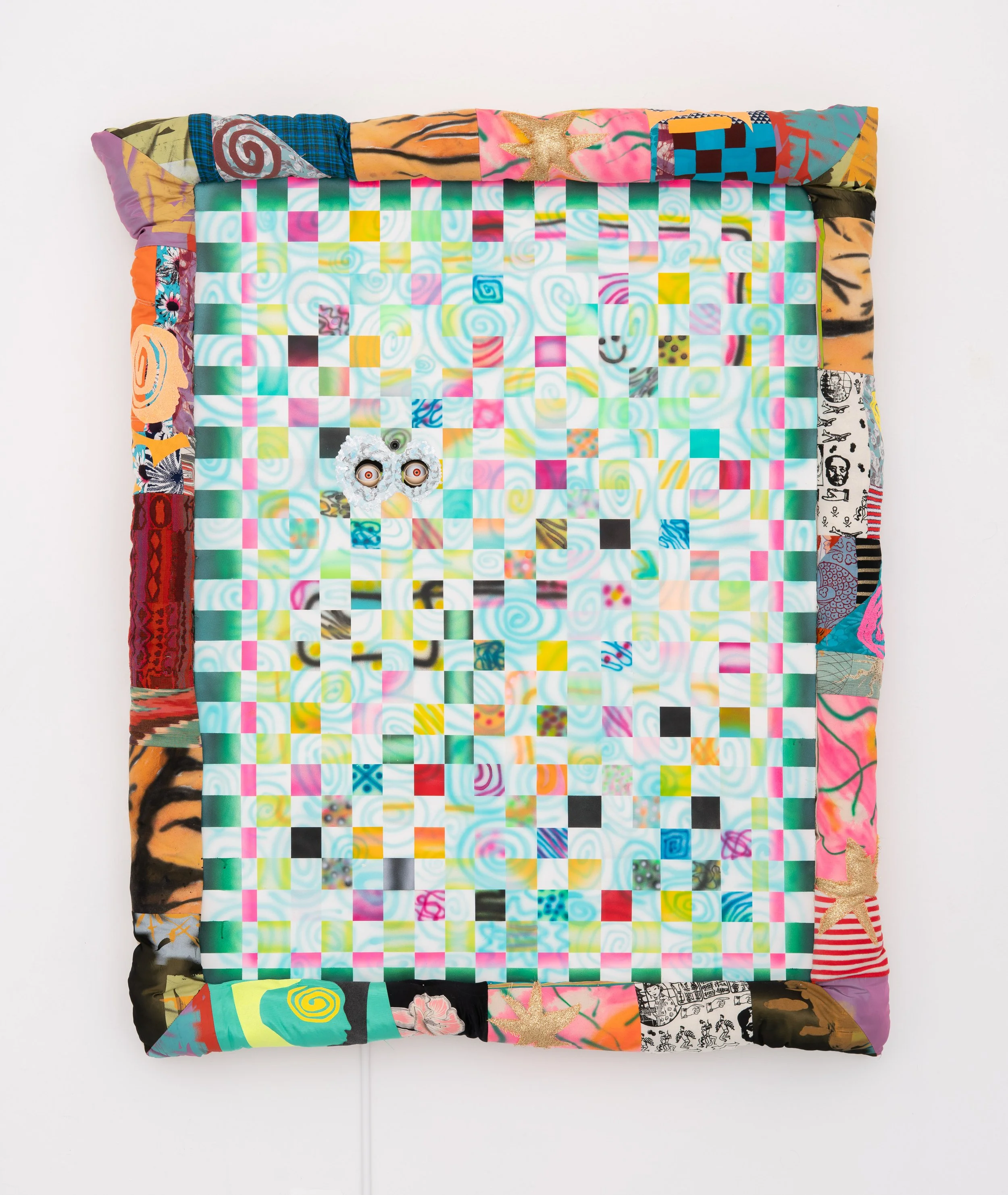 Simone Siegel,  ALTA CLOCKER , 2025. Acrylic on paper mounted on panel in upholstered textile frame, clay, plastic eyeballs, electronics, 57 x 47 x 5 1/2 in. Electronics consulting and fabrication by Lee Matos.