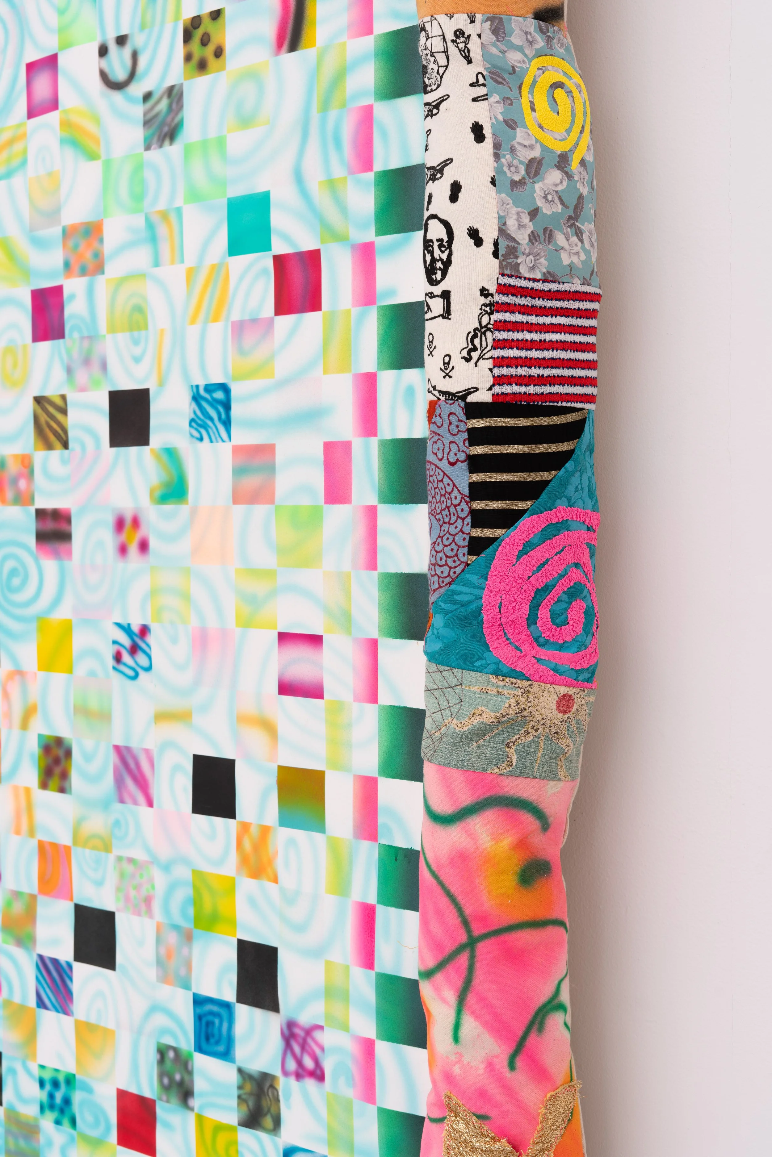 Simone Siegel,  ALTA CLOCKER  (detail), 2025. Acrylic on paper mounted on panel in upholstered textile frame, clay, plastic eyeballs, electronics, 57 x 47 x 5 1/2 in.