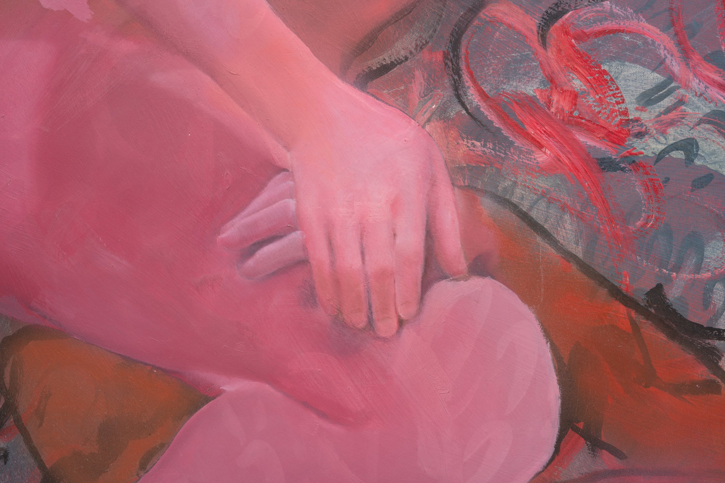 Pat Reynolds,  Venus Lamenting the Death of Adonis , 2024–2026 (detail). Oil, acrylic, and latex on gypsum board, painted pine; 98 x 50 x 2 in.