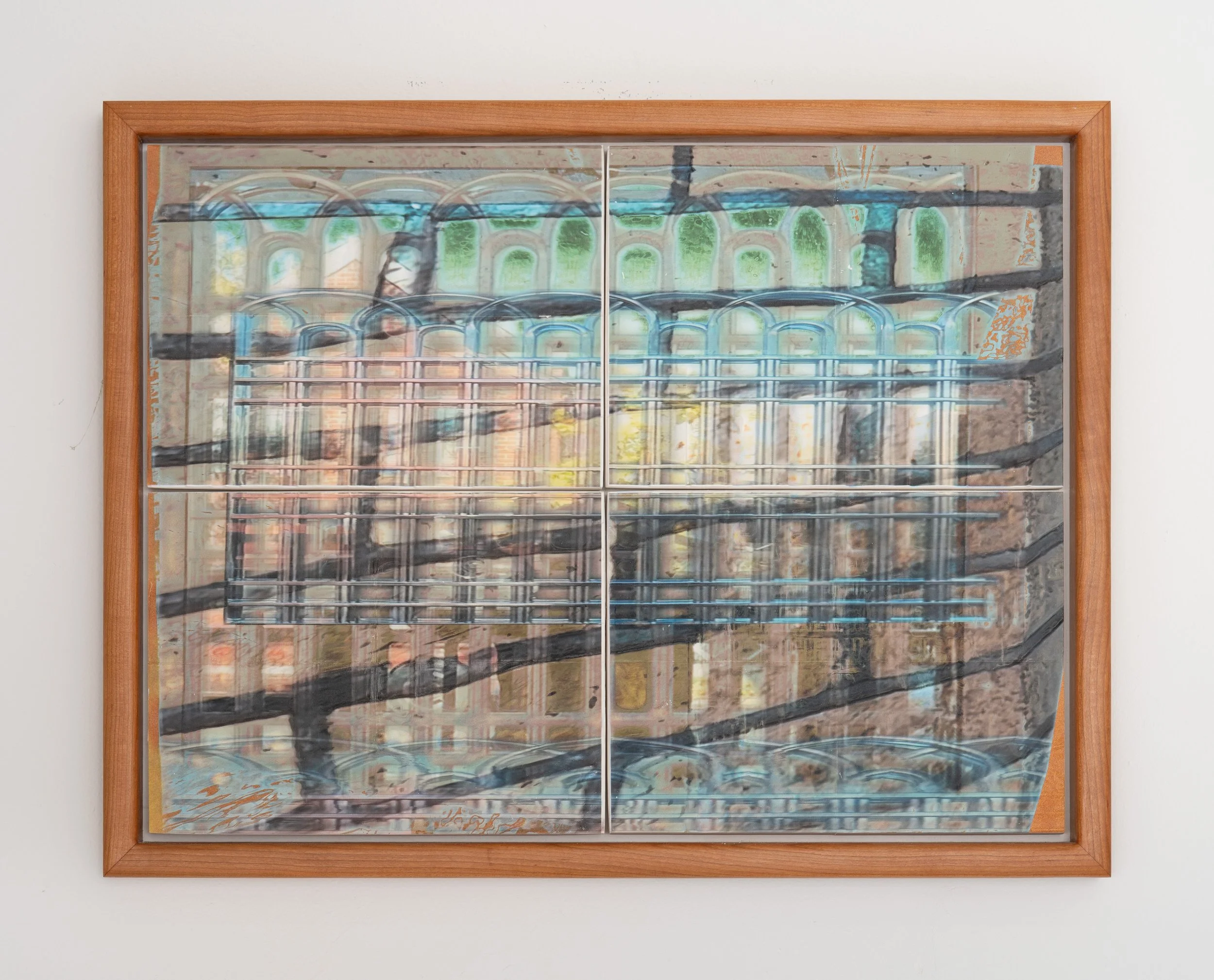 Neal Cashman,  Commute , 2024. Cast Plaster, UV print, Cherry Frame, 20 x 25 in.
