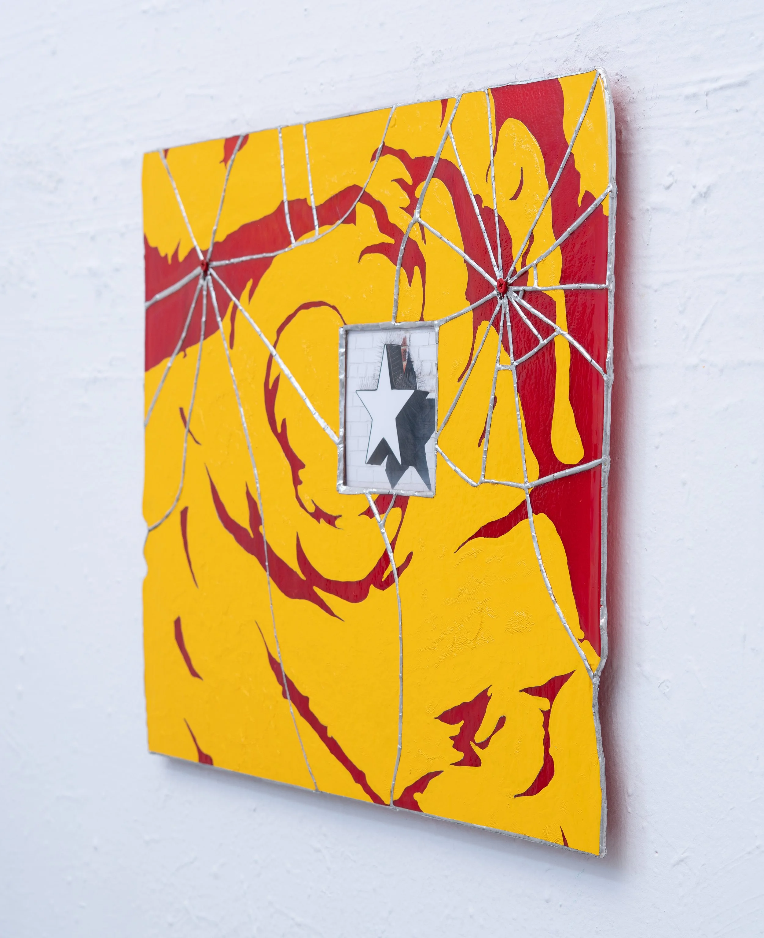 Jonny Campolo,  ⭐ (Star), with Chris Maggio , 2025. Stained glass, silver solder, enamel paint and powder coated screws. 20 x 24 in. Includes  Untitled , 2025, by Chris Maggio (ed. of 50).