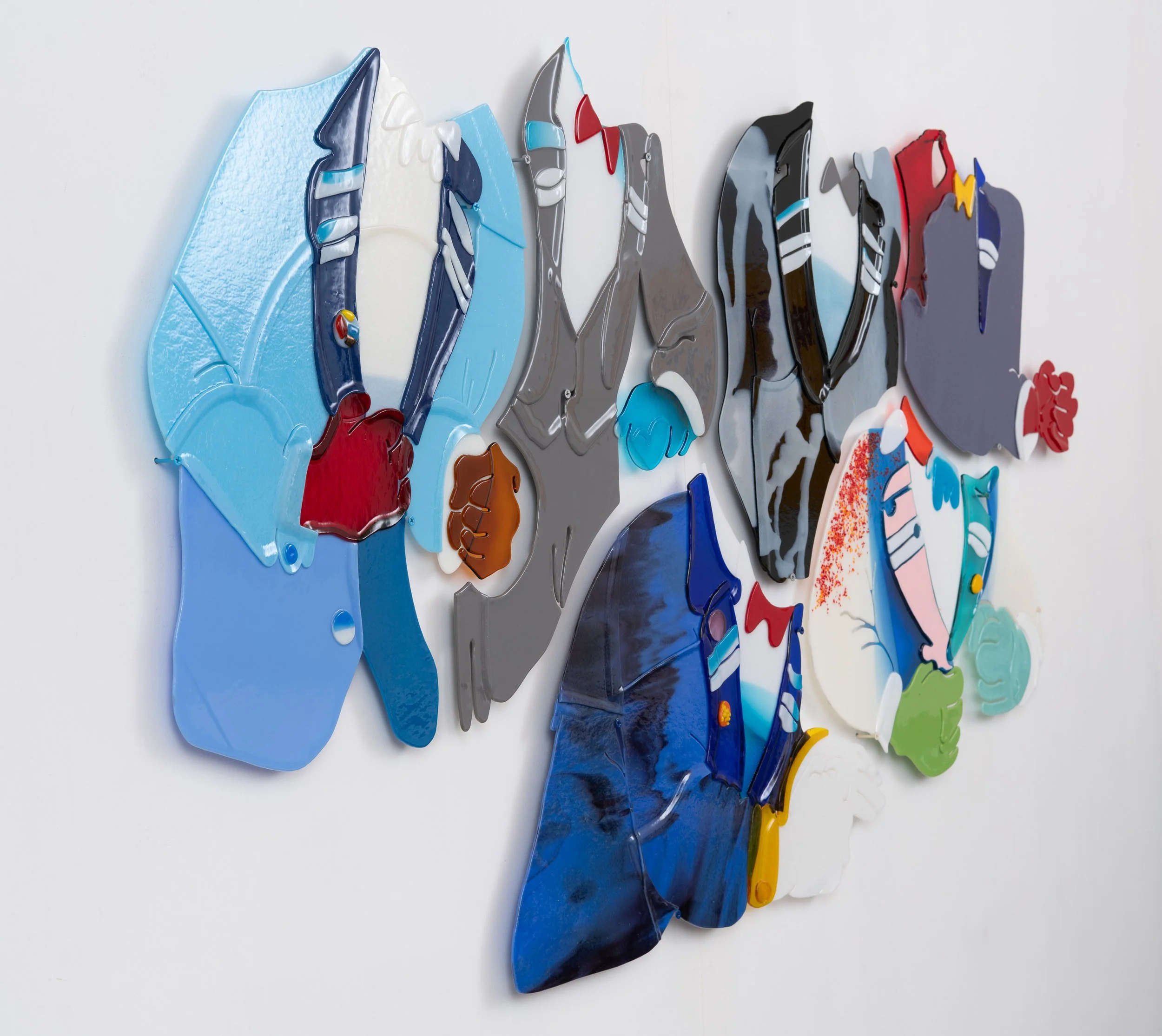 Jonny Campolo,  Group Therapy , 2025. Slumped glass, oil paint and powder coated screws, 35 x 64 in.